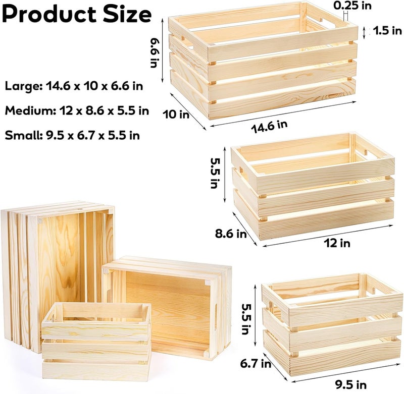 Youeon Set of 3 Rustic Wooden Nesting Crates with Handles, Decorative Wooden Crates, Crate Box Wooden Storage Box for Kitchen, Office, Bedroom, Closet, Rustic Country Decor - Image 2